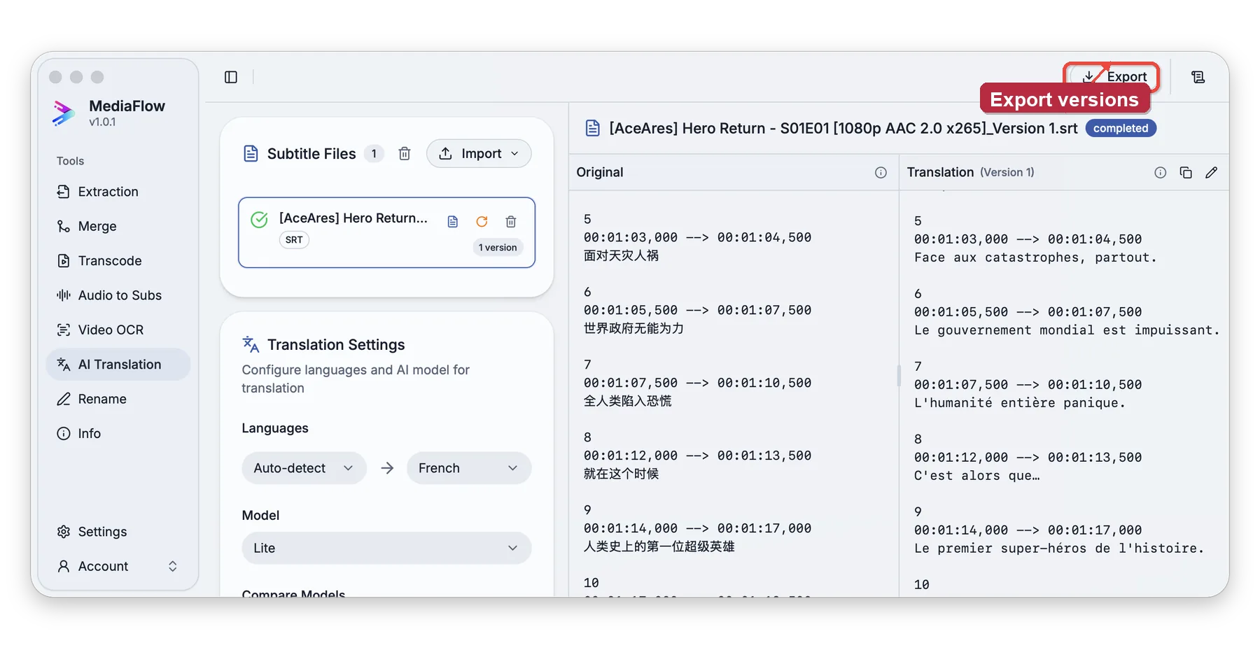 Export selected versions