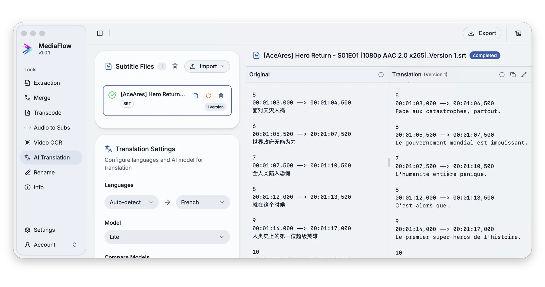 Review translated subtitles screenshot