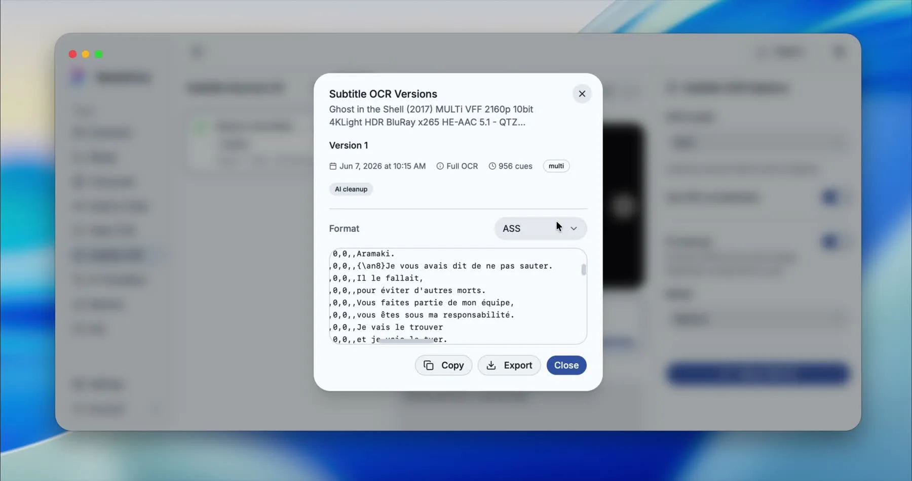 Subtitle OCR review and export screenshot